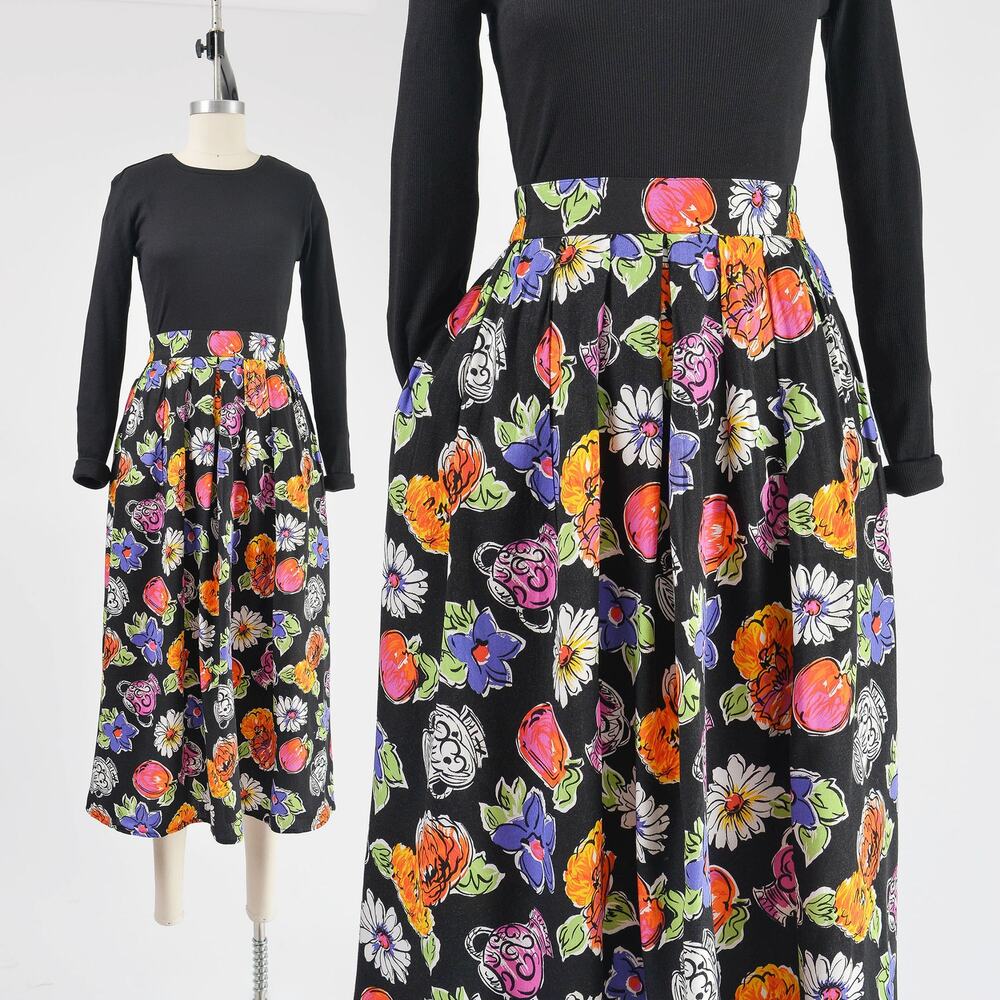 Vintage Cute Floral Vase Pottery Print Full Pleated Midi Skirt with Pockets M - Picture 2 of 9
